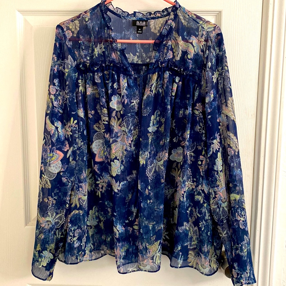ANA - A New Approach - Womens Pullover Blouse - Size 1X - Blue Floral Print